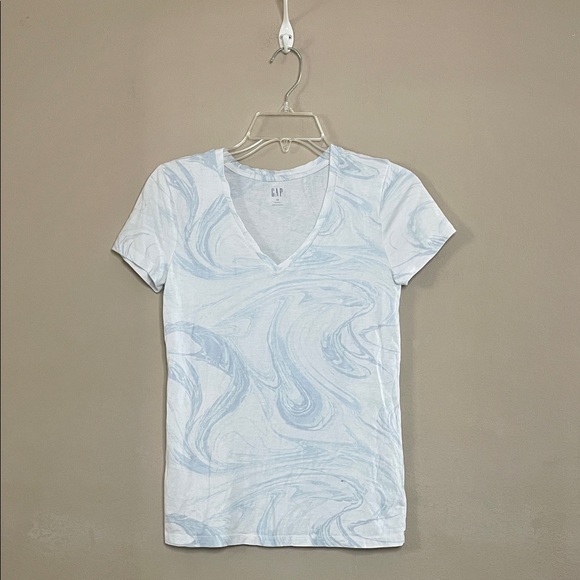 GAP Tops - GAP Women's White V-Neck Tee with Light Blue Marble Swirl SZ XS